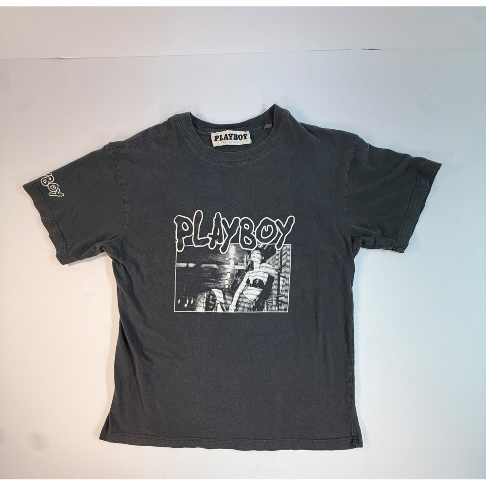 Playboy by PacSun Mens Graphic T-Shirt Faded Black Photo Print Size M